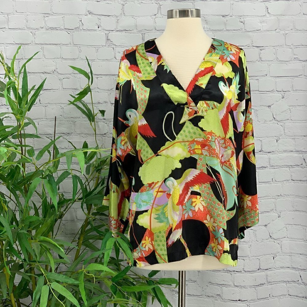 Natori Black Silk Blouse w/ Asian Crane Pattern